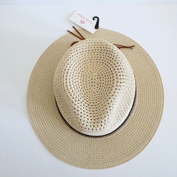 Boho Western Straw Sun Hat with Rhinestones Braided Faux Leather & Bow Accent - Picture 5 of 9